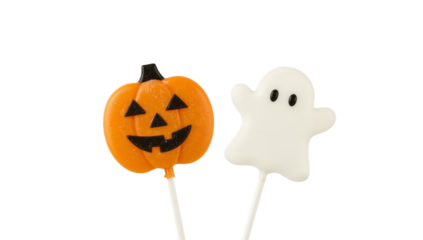 Spooky Halloween Lollipop Duo A Jack-o'-lantern and a Ghost on Sticks, Isolated on White