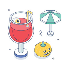 Spooky cocktail with pumpkin, eyeball and Halloween umbrella, concept isometric illustration