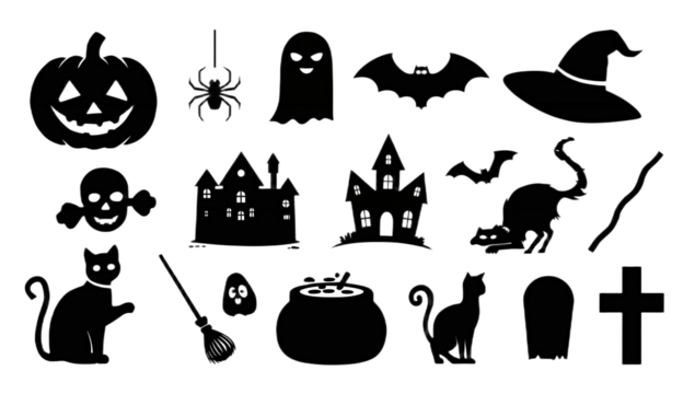 Collection of Halloween Icons Pumpkins, Ghosts, Bats, Cats, and Haunted Houses