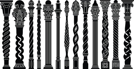Fototapeta premium Architectural column set, classical design, ornate capitals, twisted shafts, fluted pillars, decorative bases, Corinthian style, composite order, historical architecture, vector illustration