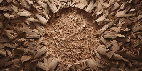 Round circular frame made of thick wood chips and sawdust forming background - AI generated