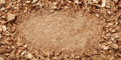 Rectangular frame of wood chips and sawdust forming natural background - AI generated