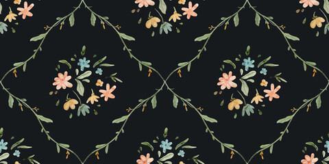 Floral pattern design with vibrant flowers and leaves on a dark background appreciating nature's artistry