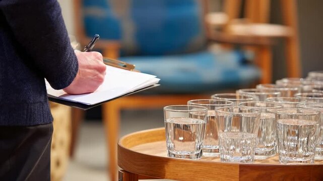 A person taking notes at a glass-tasting setup, with many small glasses arranged on a round wooden tray.
