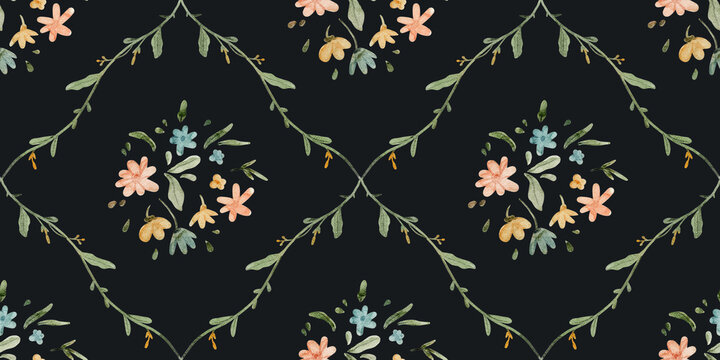 Floral pattern design with vibrant flowers and leaves on a dark background appreciating nature's artistry