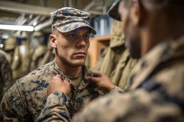 In a military training facility, one soldier adjusts the uniform of another. They are focused on ensuring proper fit and appearance