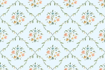 Beautiful floral pattern design featuring pastel colors and delicate vines on a soft blue background
