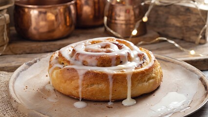 Single Cinnamon Roll With Icing On Wooden Plate. Warm Rustic Scene. Sweet Breakfast Dessert With Glaze Drizzle