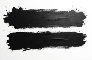 Fototapeta premium Black paint brush strokes on white backdrop. Artistic grunge texture with ink splatter. Abstract art design element. Suitable for creative projects. Background for posters