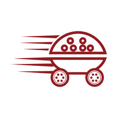 Red stylized vehicle with wheels and circles on white background transport speed