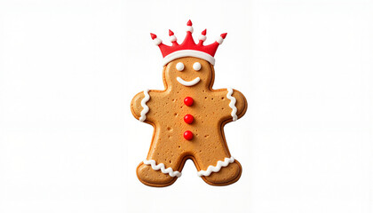 Gingerbread man cookie decorated with crown and red buttons on white background 