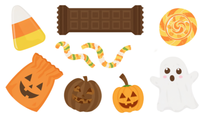A vibrant digital illustration showcases a collection of festive Halloween treats and decorations, perfect for seasonal design projects
