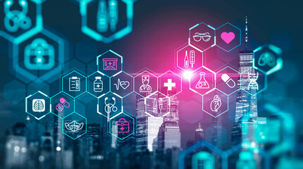 Futuristic healthcare icons and symbols overlaid on New York City skyline, double exposure style, symbolizing modern digital medical technology concept