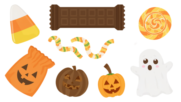 A vibrant digital illustration showcases a collection of festive Halloween treats and decorations, perfect for seasonal design projects