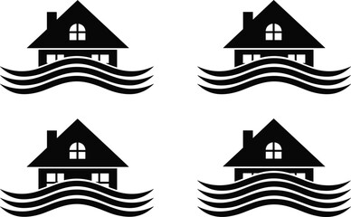 Flooded house icon set, black silhouette vector, rising water disaster, environmental damage symbol, minimal style, emergency illustration, grid layout