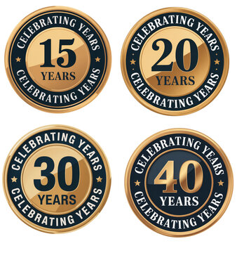 Set of four circular golden badges celebrating 15, 20, 30, and 40 years, isolated on transparent background