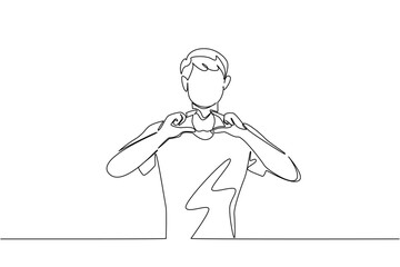 Single continuous line drawing a man in casual clothes holds a thyroid gland mockup with both hands. Shows thyroid gland during treatment. Ill. World Thyroid Day. One line design vector illustration