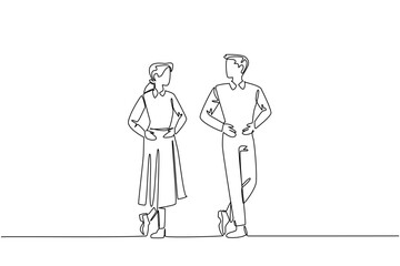 Continuous one line drawing a man and a woman stand with their hands and feet forming a gesture. Building chemistry. Amazing show. National Tap Dance Day. Single line draw design vector illustration