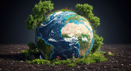 Earth globe with trees and plants growing on the surface.