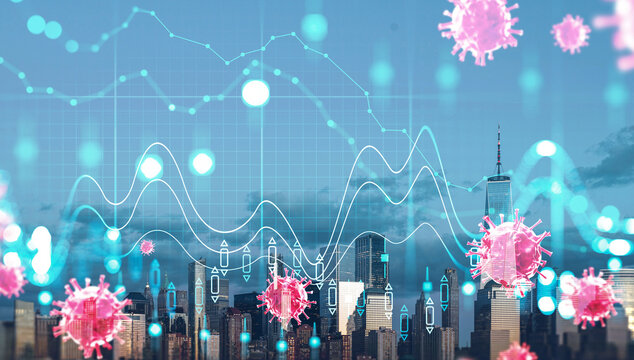 New York City skyline with pink virus cells and financial graph overlay in a double exposure style, symbolizing pandemic effects on US urban economy - Powered by Adobe