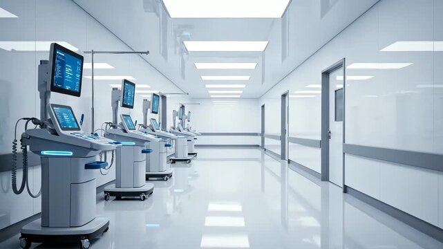 Futuristic Hospital Corridor with Advanced Medical Equipment for Diagnosis and Treatment of Patients with Modern Technology and Design 3D Rendering