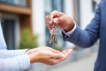 A person transfers keys to another individual in front of a contemporary structure. The setting suggests a real estate deal, emphasizing new beginnings and excitement