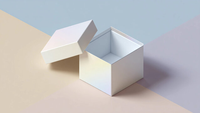 
Rigid box packaging mockup, isometric angle, placed on smooth pastel background, subtle shadows and emboss detail, 300 dpi