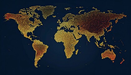 World map, golden dots, gradient colors