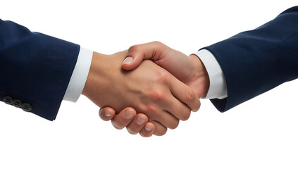 Two men in dark blue suits shaking hands against a PNG black background, close-up of hands and cuffs handshake