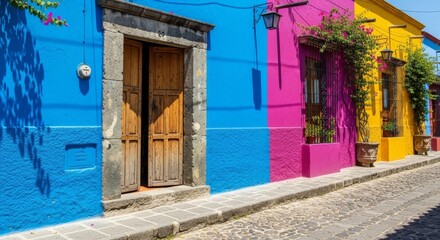 Obraz premium Explore vibrant Mexican architecture with colorful facades and cobblestone streets in sunny San Miguel de Allende