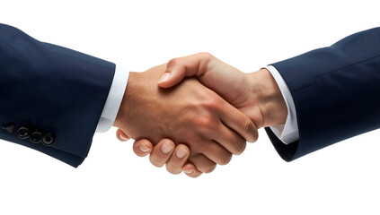 Two men in dark blue suits shaking hands against a PNG black background, close-up of hands and cuffs handshake