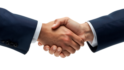 Two men in dark blue suits shaking hands against a PNG black background, close-up of hands and cuffs handshake