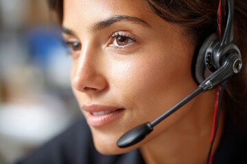 A woman is wearing a headset while working in an office environment. She appears focused and engaged in a conversation, showcasing her customer service skills