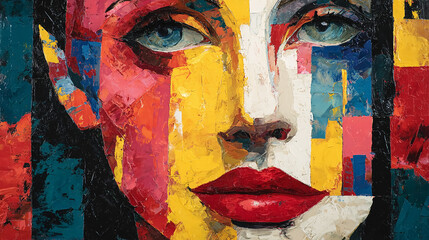 Abstract cubist portrait of a woman featuring vibrant bold colors and striking red lips, modern artistic style, high detail, vivid contrast, expressive face