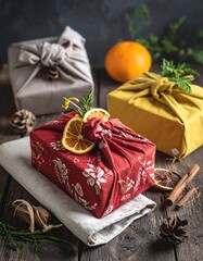Wrapped gifts on a rustic wooden surface