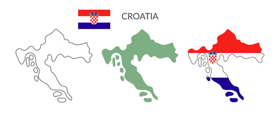 Fototapeta premium Croatia country geographical borders isolated on white background. Flag of Croatia. Vector flat cliparts.
