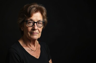 Elderly woman with glasses and serious look wears black shirt against dark backdrop. She has short brown hair, gold necklace, and earring. Portrait depicts aged face.