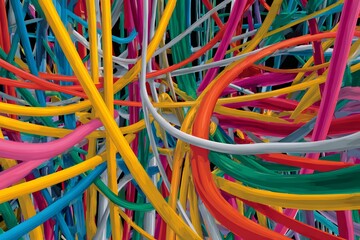 Complication evokes frustration through a vivid maze of tangled colorful wires illustrating complexity.