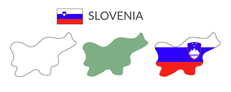 Slovenia country geographical borders isolated on white background. Flag of Slovenia. Vector flat cliparts.