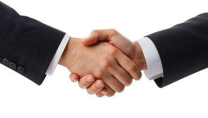 Two men in dark suits shaking hands with PNG white shirt cuffs visible against a black background handshake