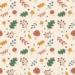 Autumn Forest Elements Seamless Pattern: Hand-Drawn Berries, Leaves, & Mushrooms in Warm Earthy Tones. Cozy Fall Nature Repeat for Textiles & Decor.