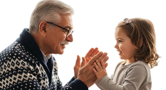 Photo of grandfather and granddaughter playing pattycake isolated on transparent background