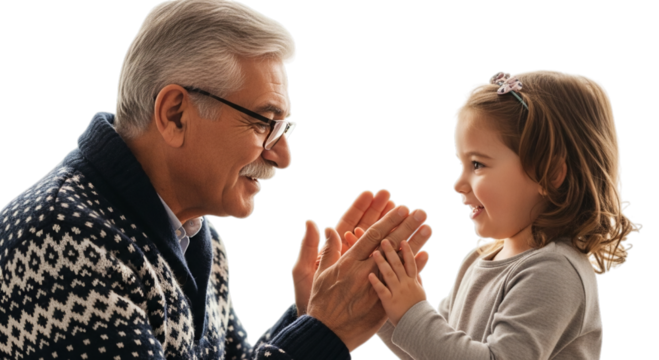 Photo of grandfather and granddaughter playing pattycake isolated on transparent background