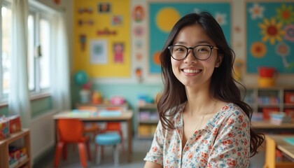 Young woman teacher smiles in classroom with colorful decorations. She wears glasses and floral blouse. Childrens desks and chairs visible. Education, learning, school environment.