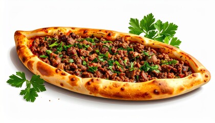 Traditional Turkish pide with minced meat and parsley on wooden board showing golden crust and charred edges for editorial food photography regional cuisine and artisanal baking-themed visuals