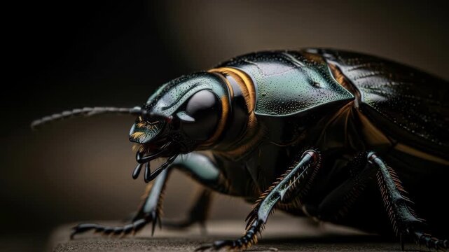 Closeup of metallic beetle facing left in detailed macro progression