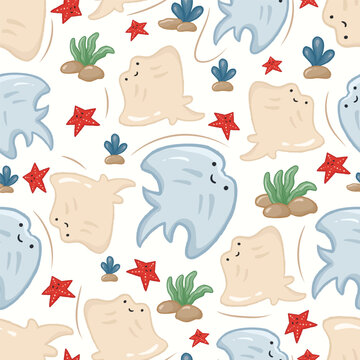 kawaii sea animals character set in a pattern