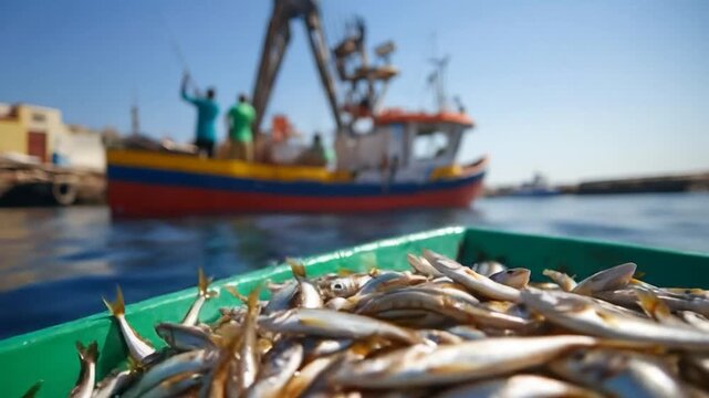 Fresh catch fish pile on fishing boat on ocean under blue sky fishing industry concept