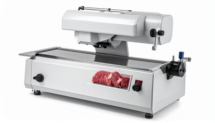 Commercial meat slicer with red meat on tray featuring circular blade and adjustment knobs for editorial food preparation photography culinary equipment and professional kitchen-themed visuals