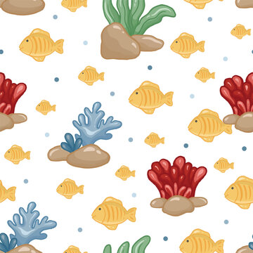 kawaii sea animals character set in a pattern